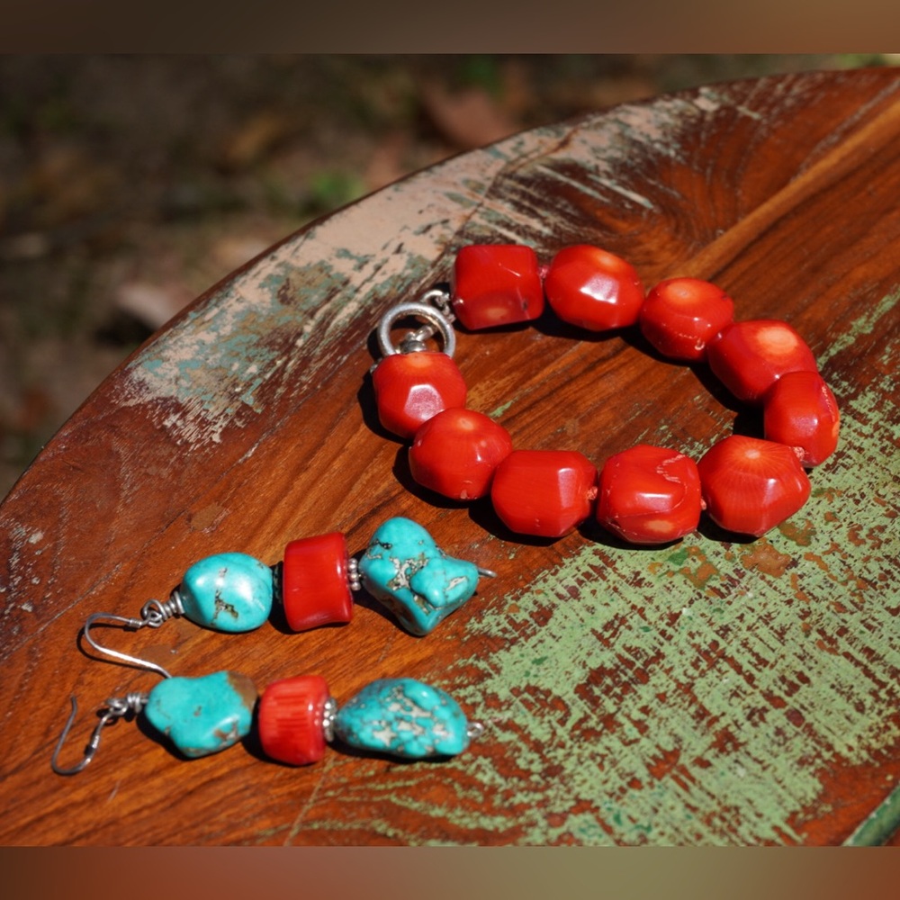 Red Coral / Turquoise Bracelet and Earring Set